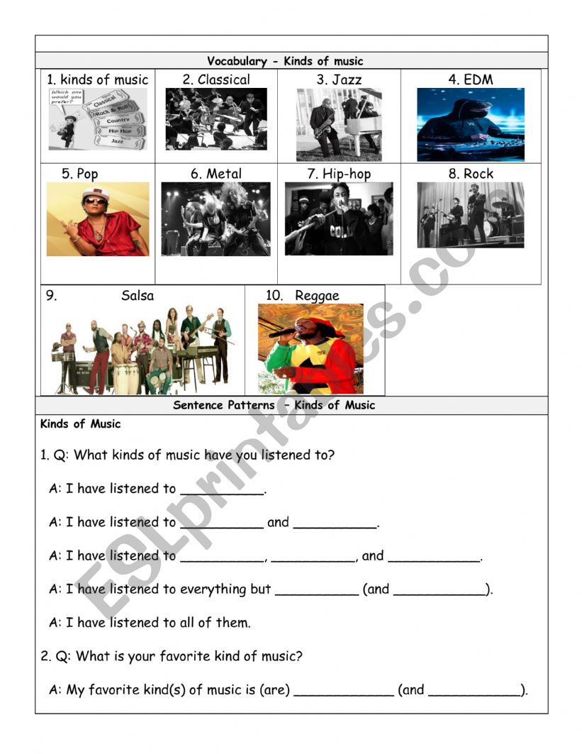 Kinds of Music worksheet