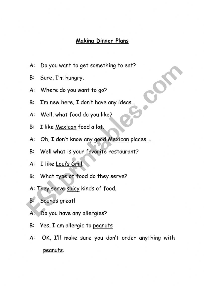 Making Dinner Plans Dialogue worksheet