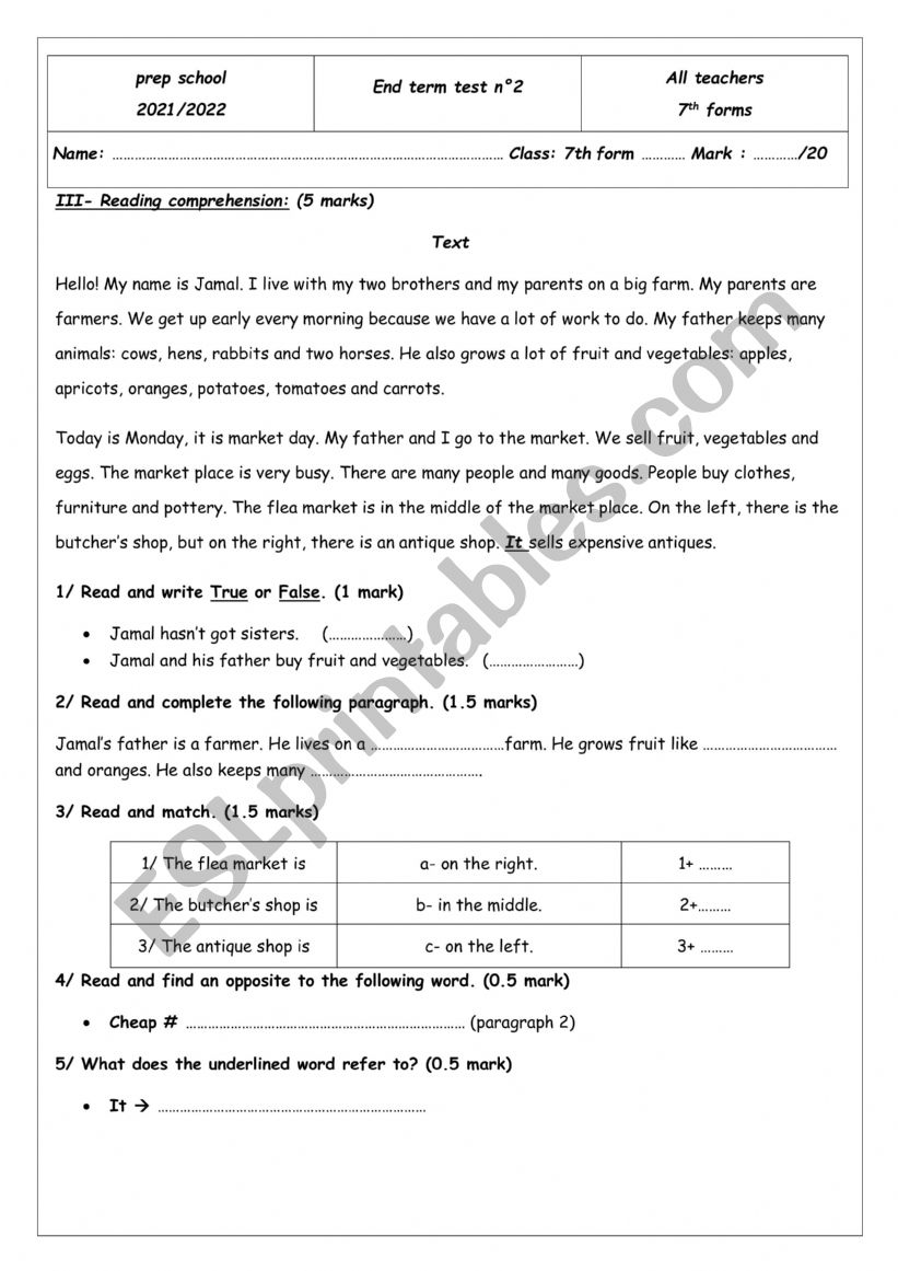 end term test 2 7th form worksheet