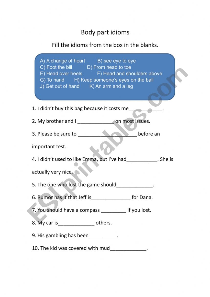 Body part idioms worksheet