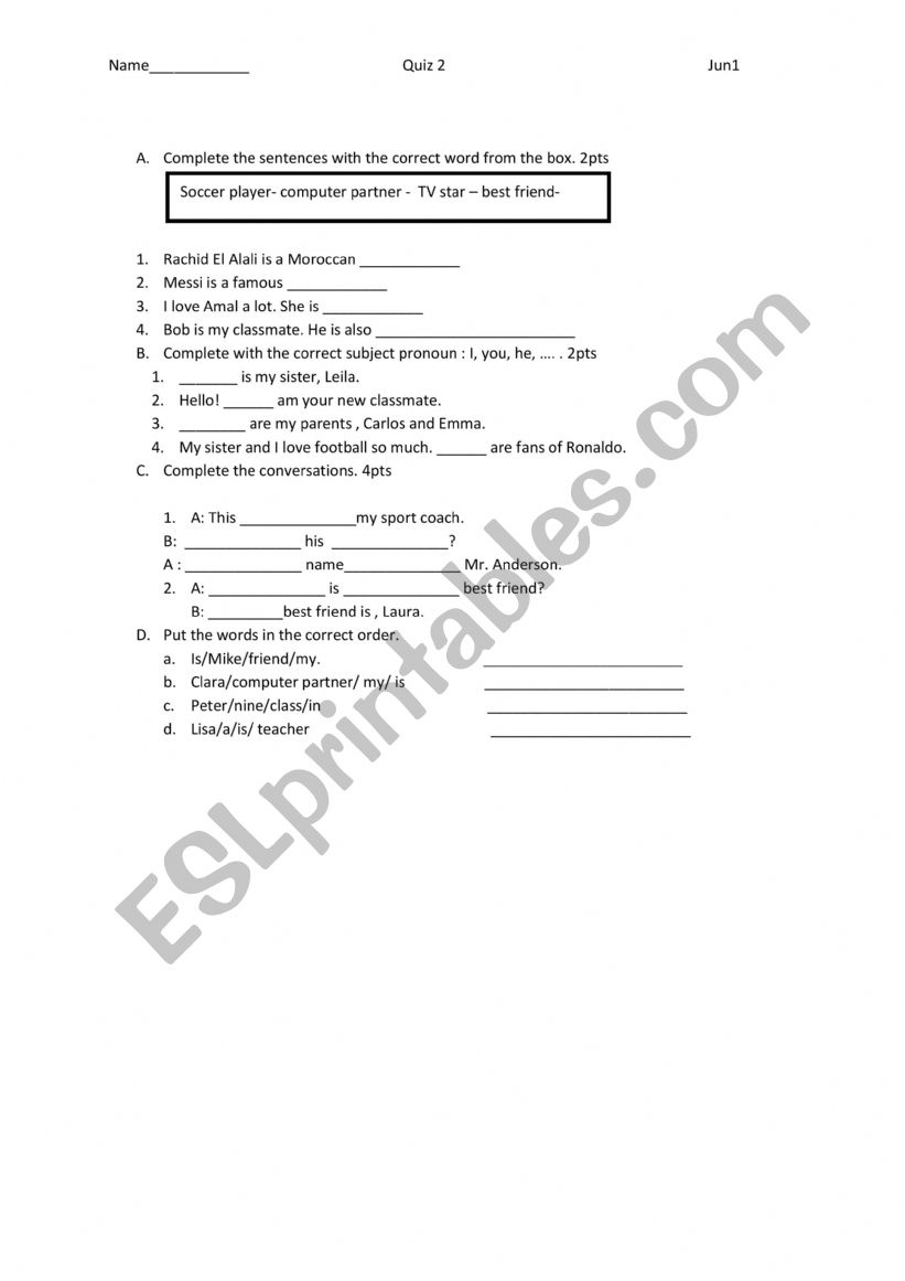 Verb be Quiz worksheet
