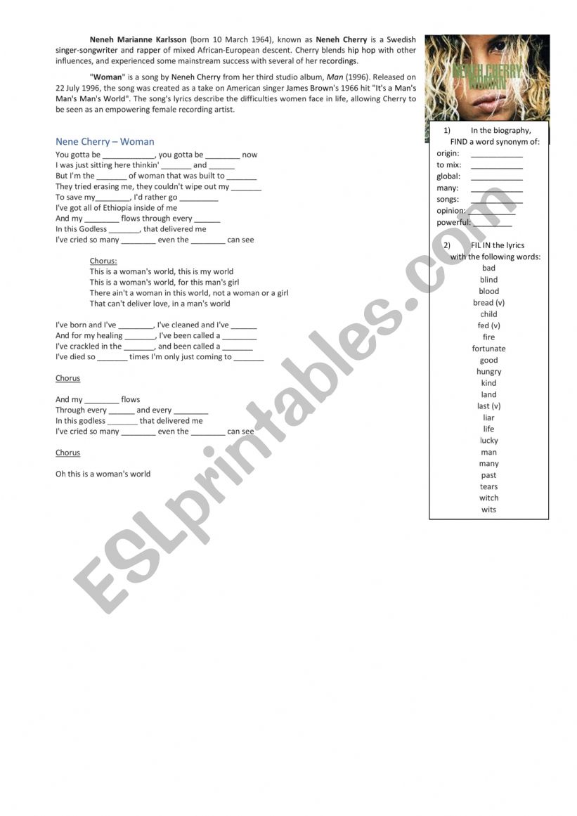 Gap filler Nene Cherry Woman worksheet