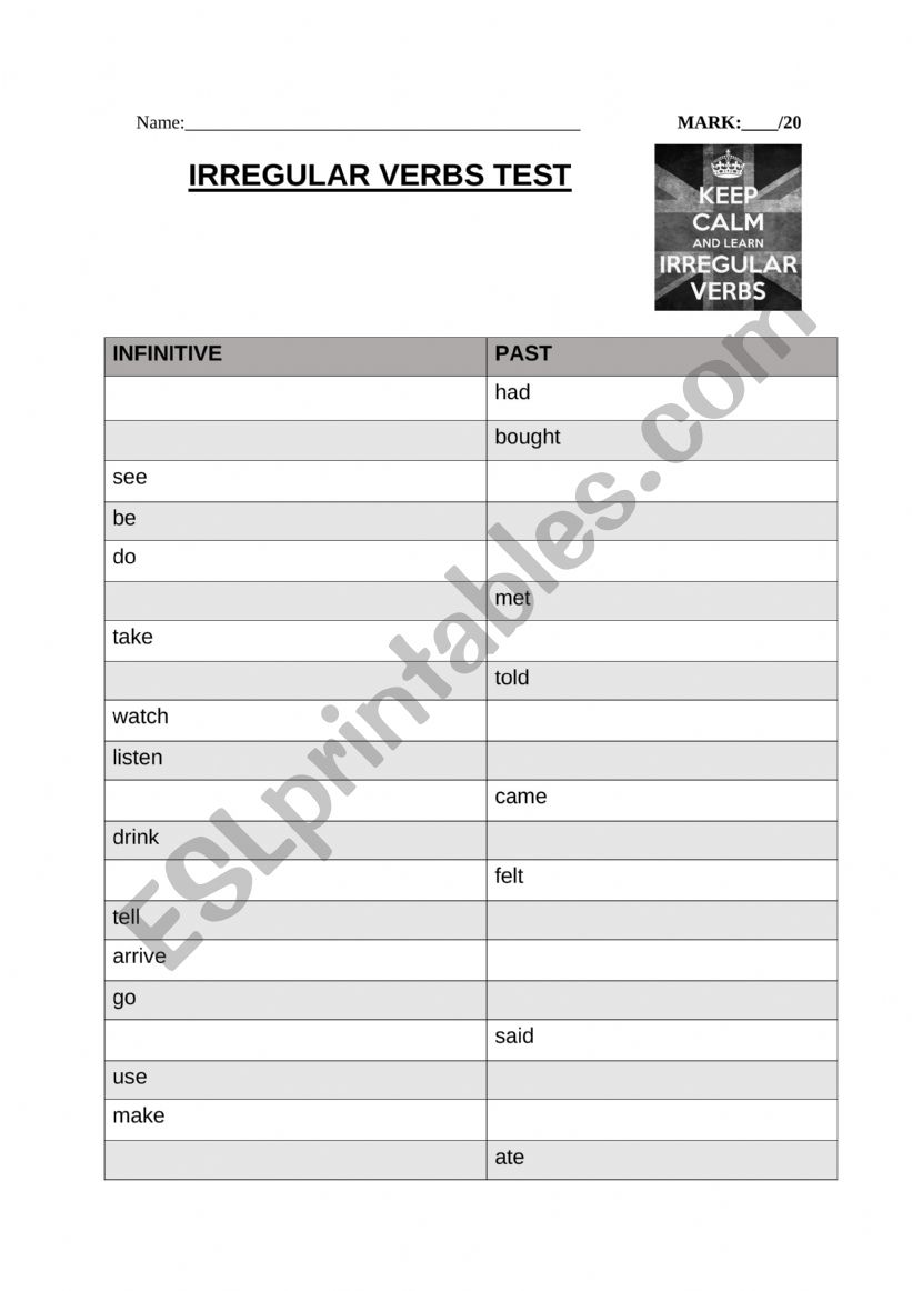 Irregular verbs test worksheet