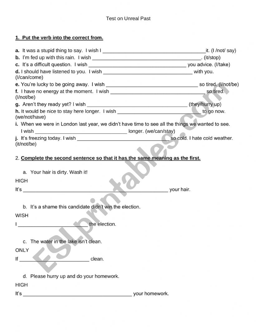 Unreal past test worksheet