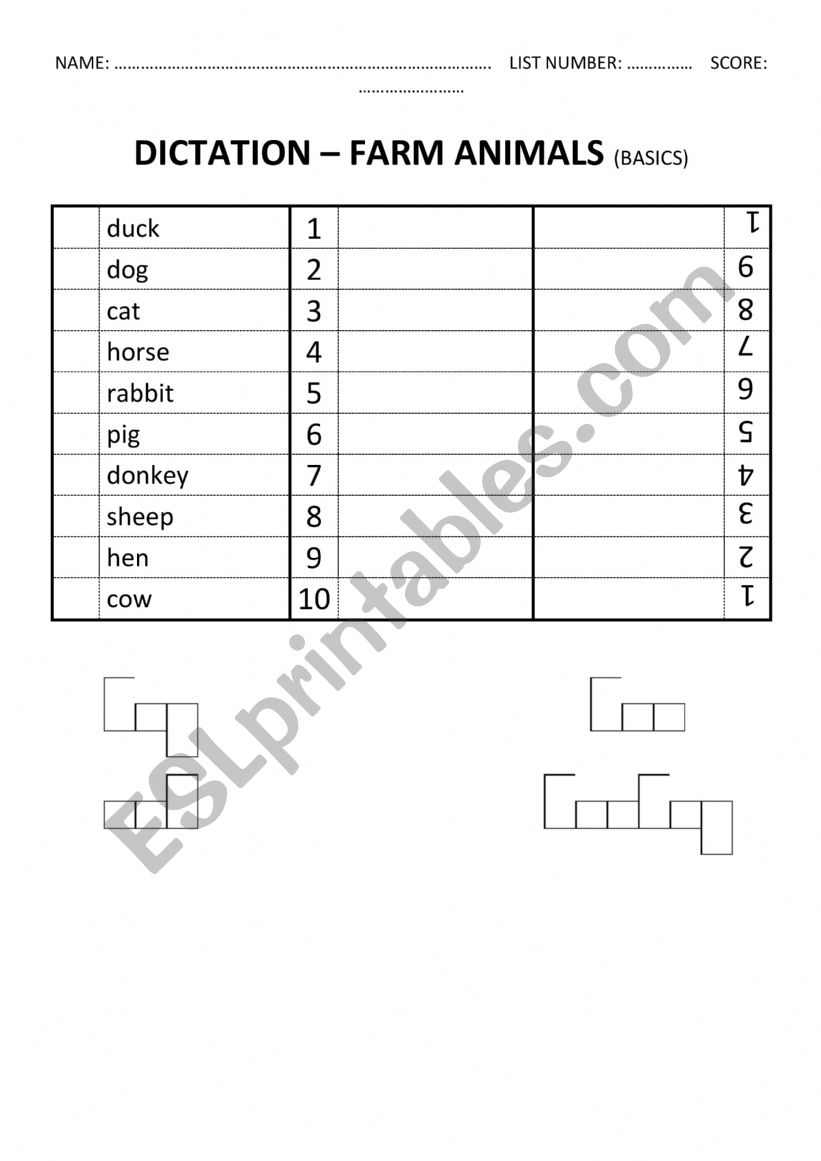 Word Shapes Dictation Worksheet (FARM ANIMALS)