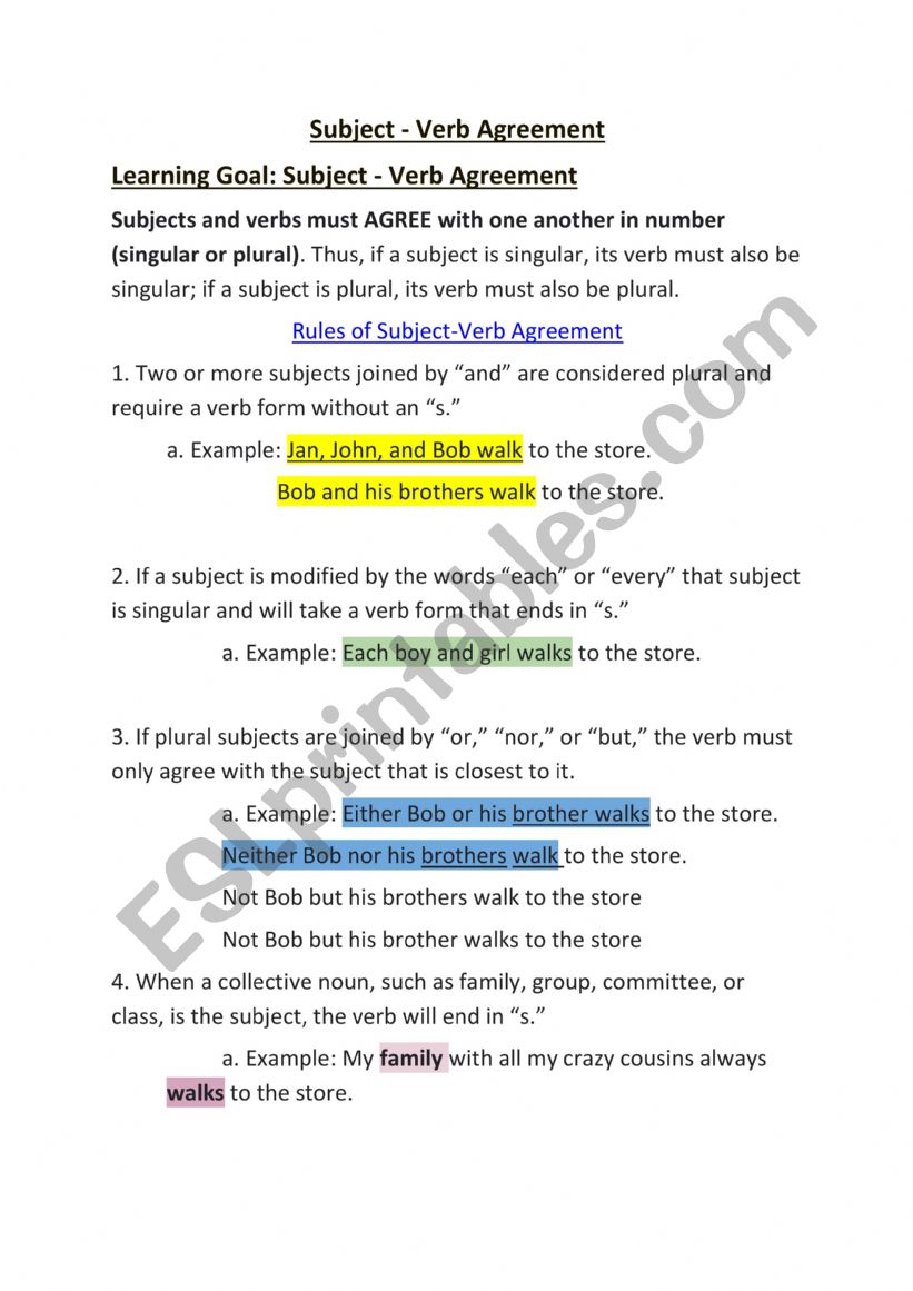 Subject - Verb Agreement worksheet