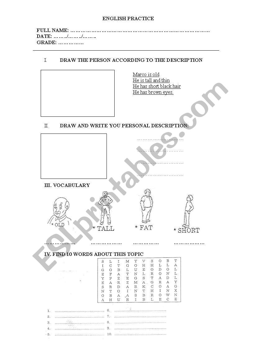 DESCRIPTION worksheet