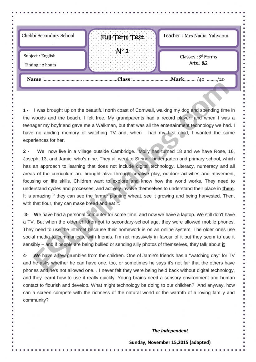 Full-Term test 2 3d Forms worksheet