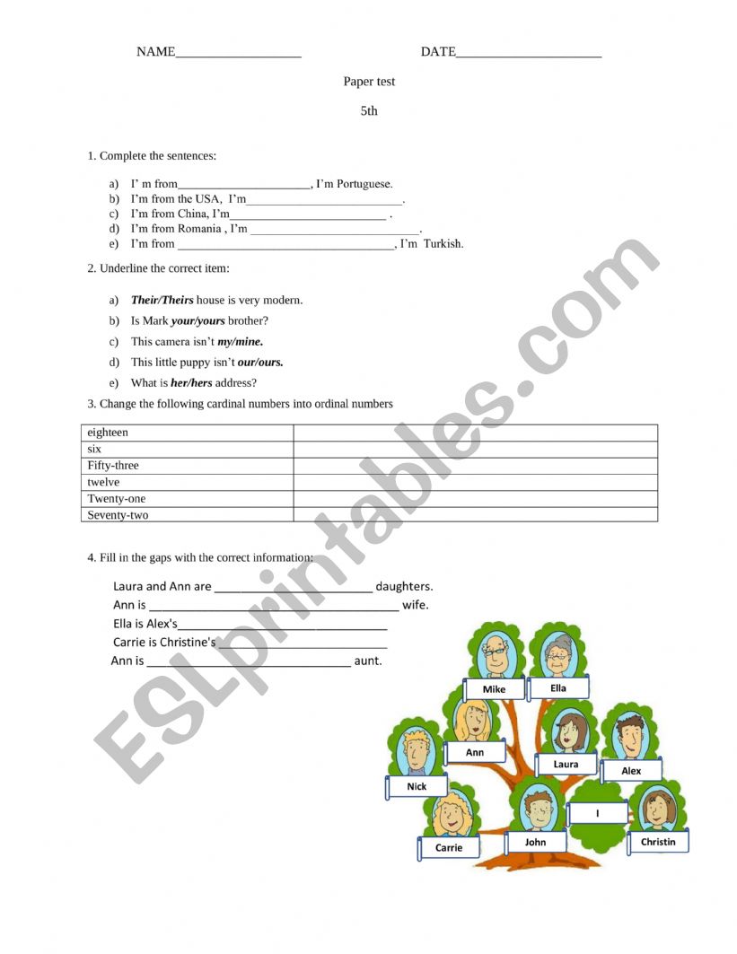 elementary test worksheet