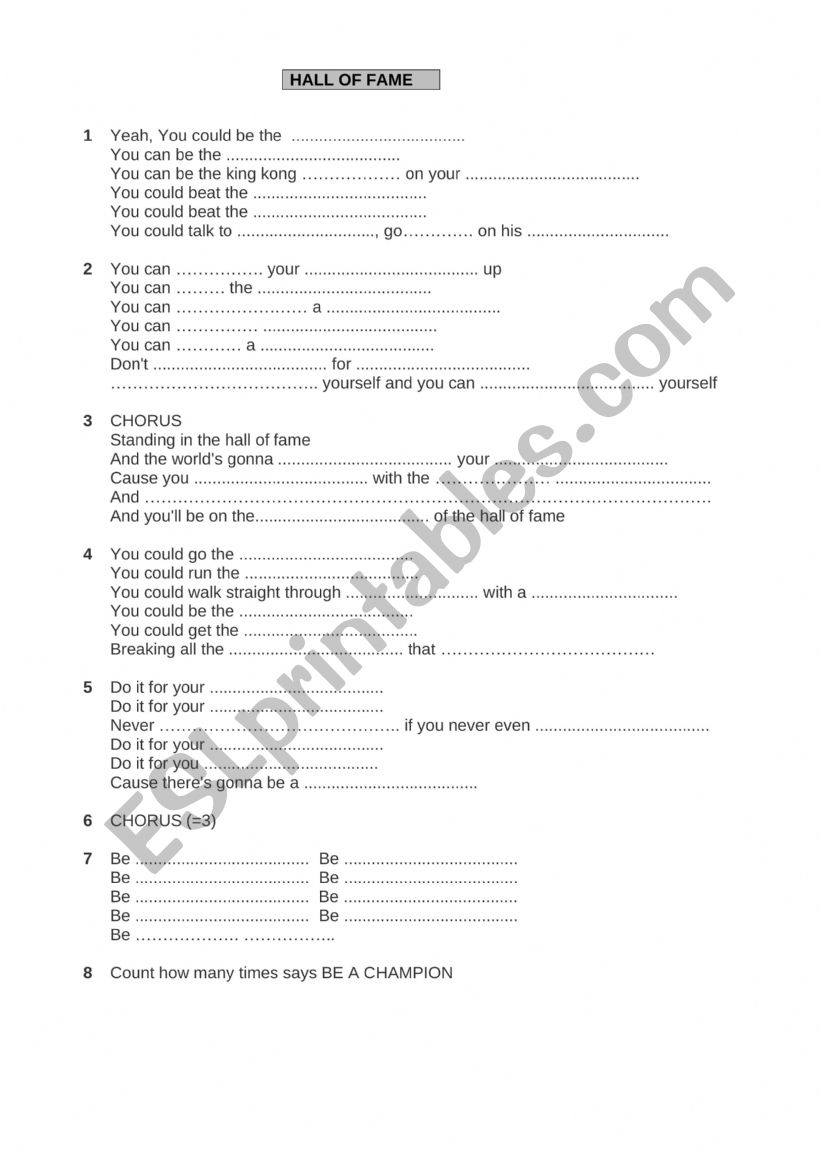 Song Hall of Fame worksheet