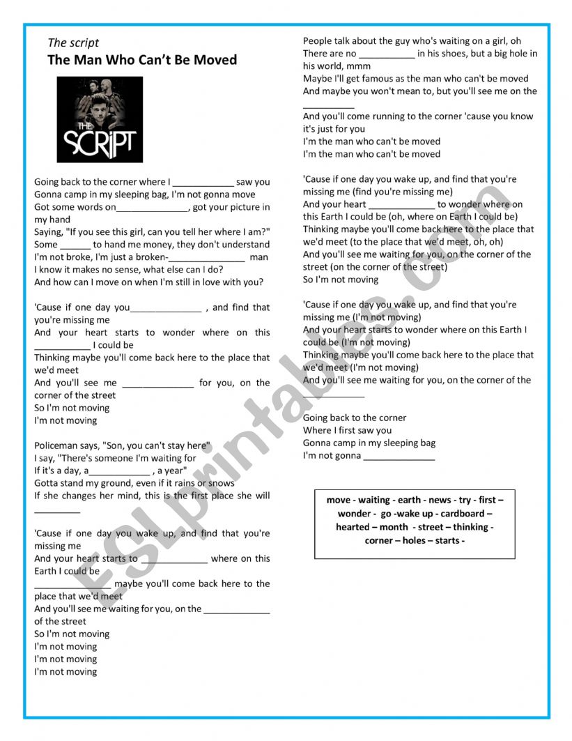 the script the man who cant be moved worksheet