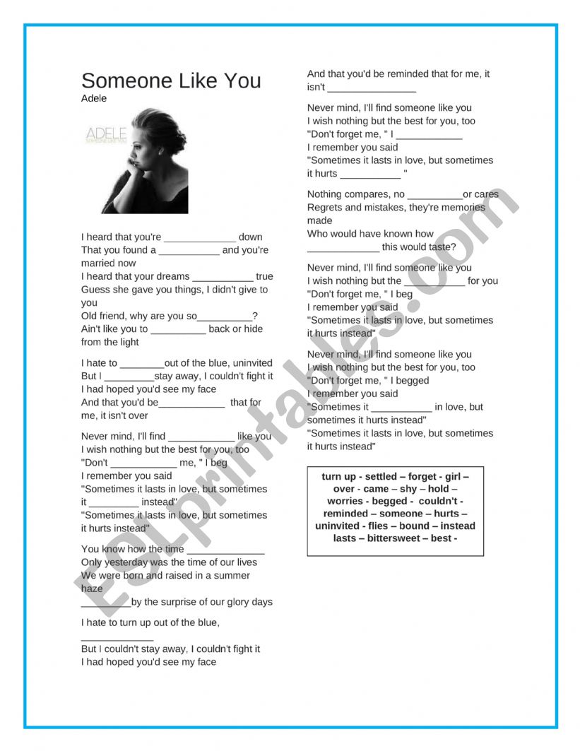 adele someone like you worksheet