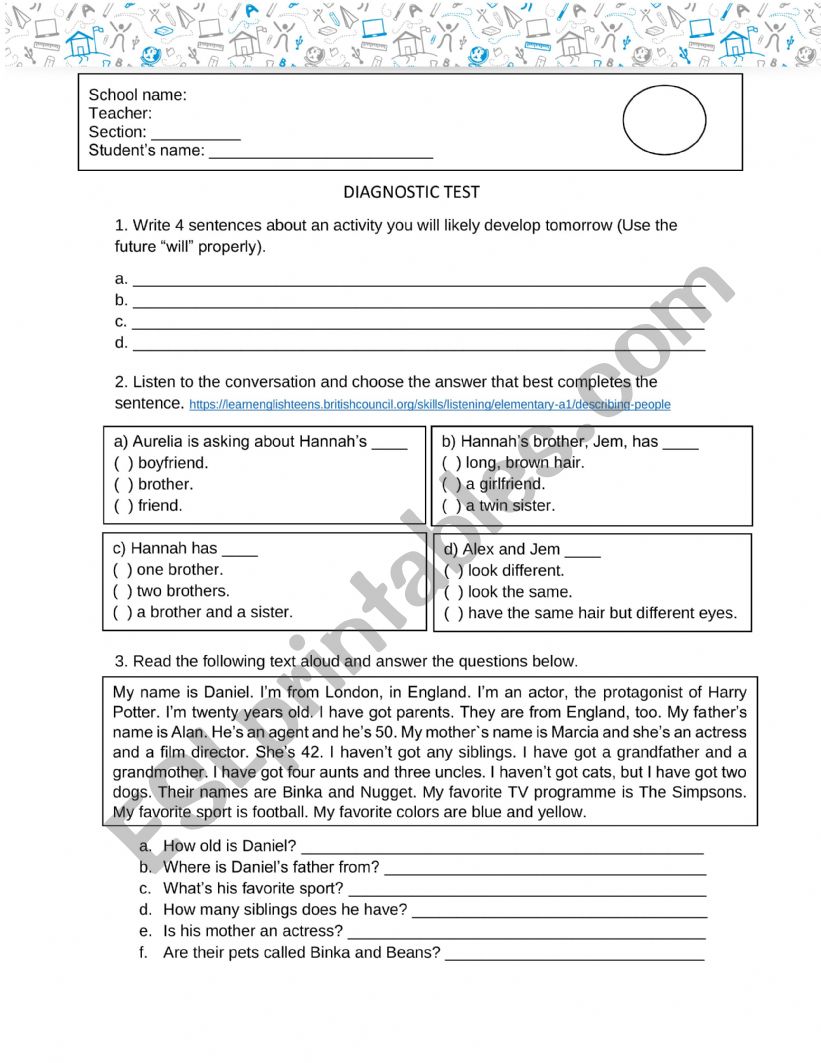 PERSONALITY worksheet