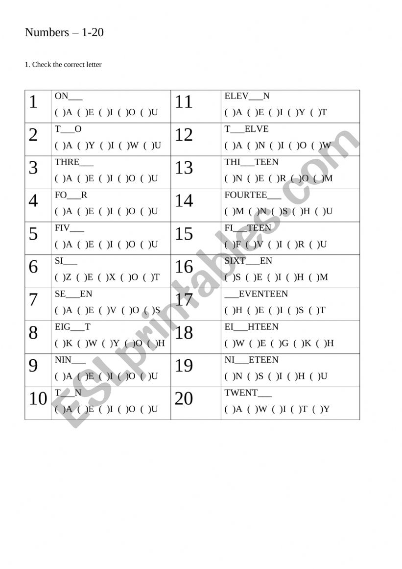 Numbers 1-20 worksheet