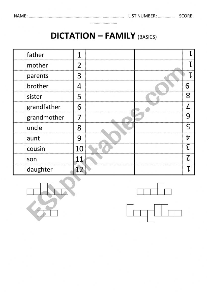 Word Shapes Dictation Worksheet (FAMILY)