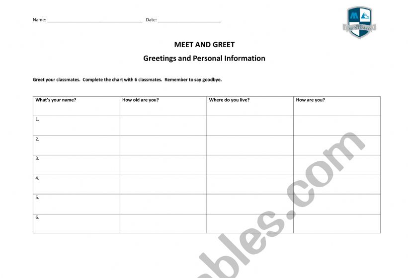 Meet and Greet worksheet