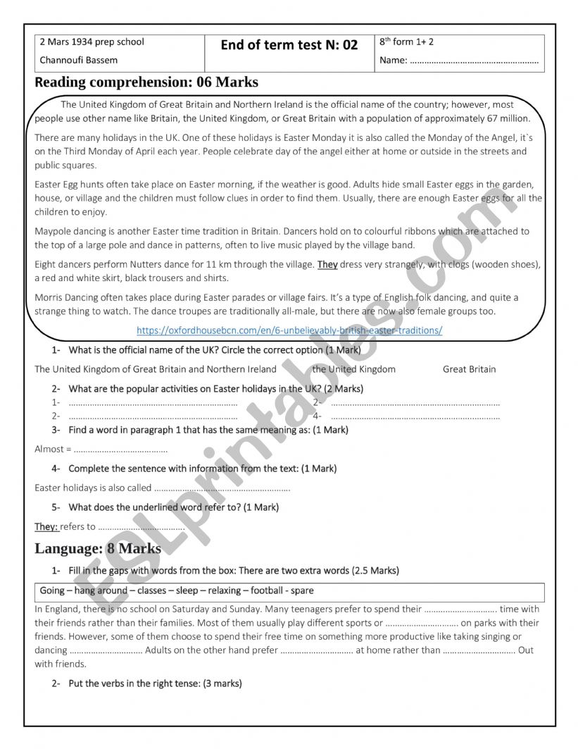 8th form final test N:2 worksheet