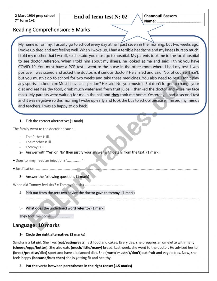 7th form final test N:2 worksheet