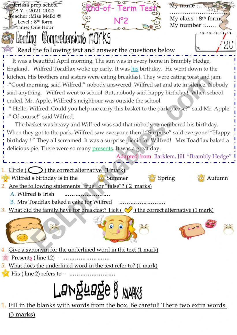 8th form end term test worksheet