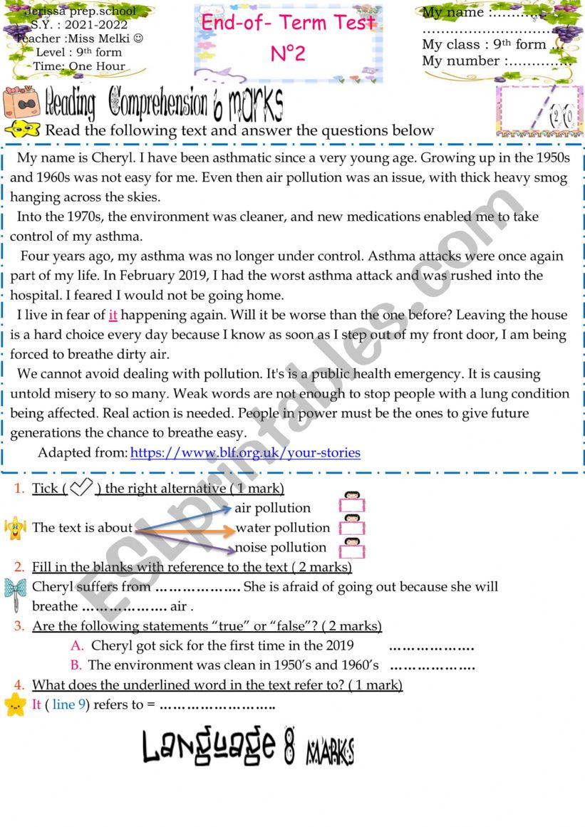 9th form end term test worksheet