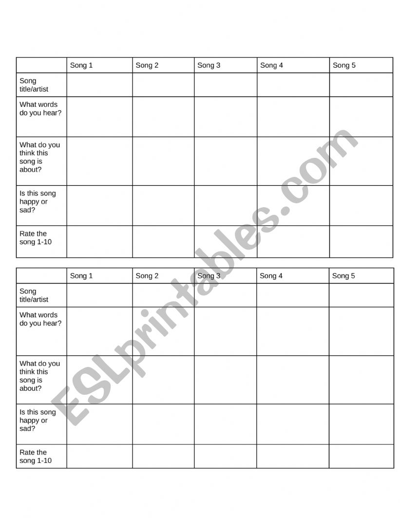 Music Survey worksheet