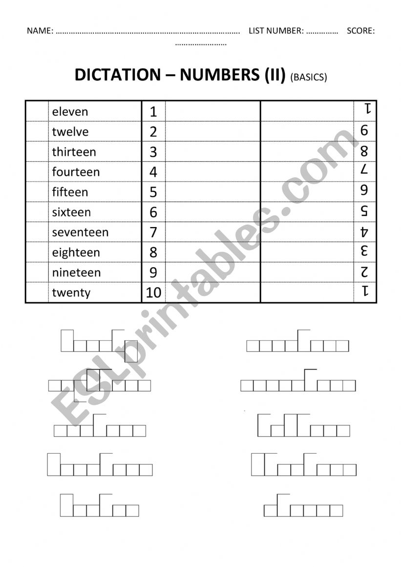 Word Shapes Dictation Worksheet (NUMBERS II)
