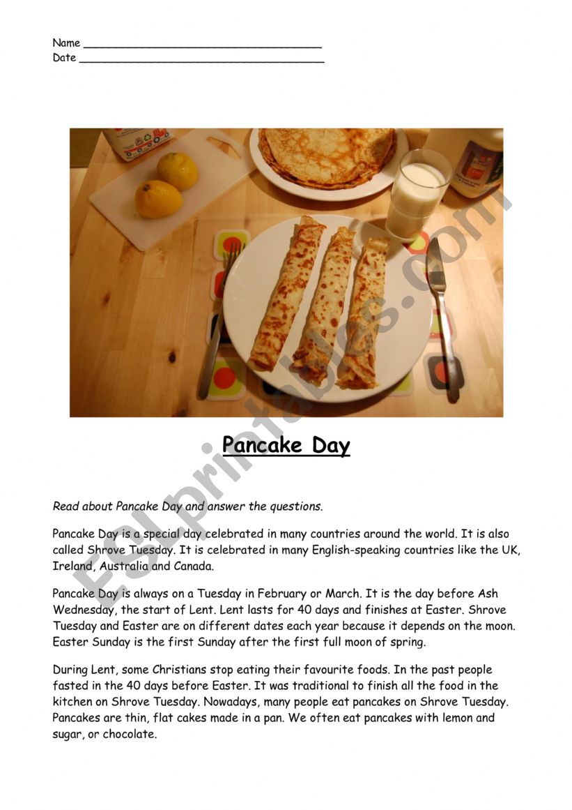 Pancake Day reading comprehension