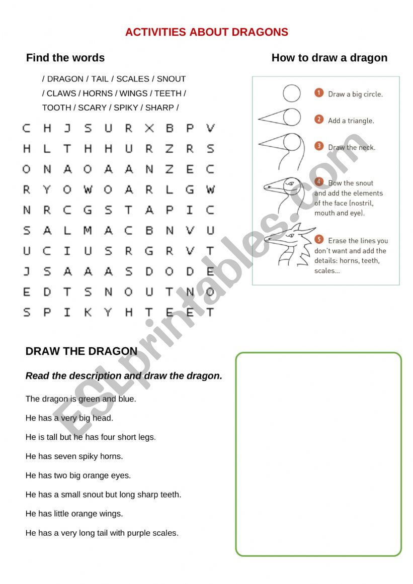 Activities about dragons worksheet