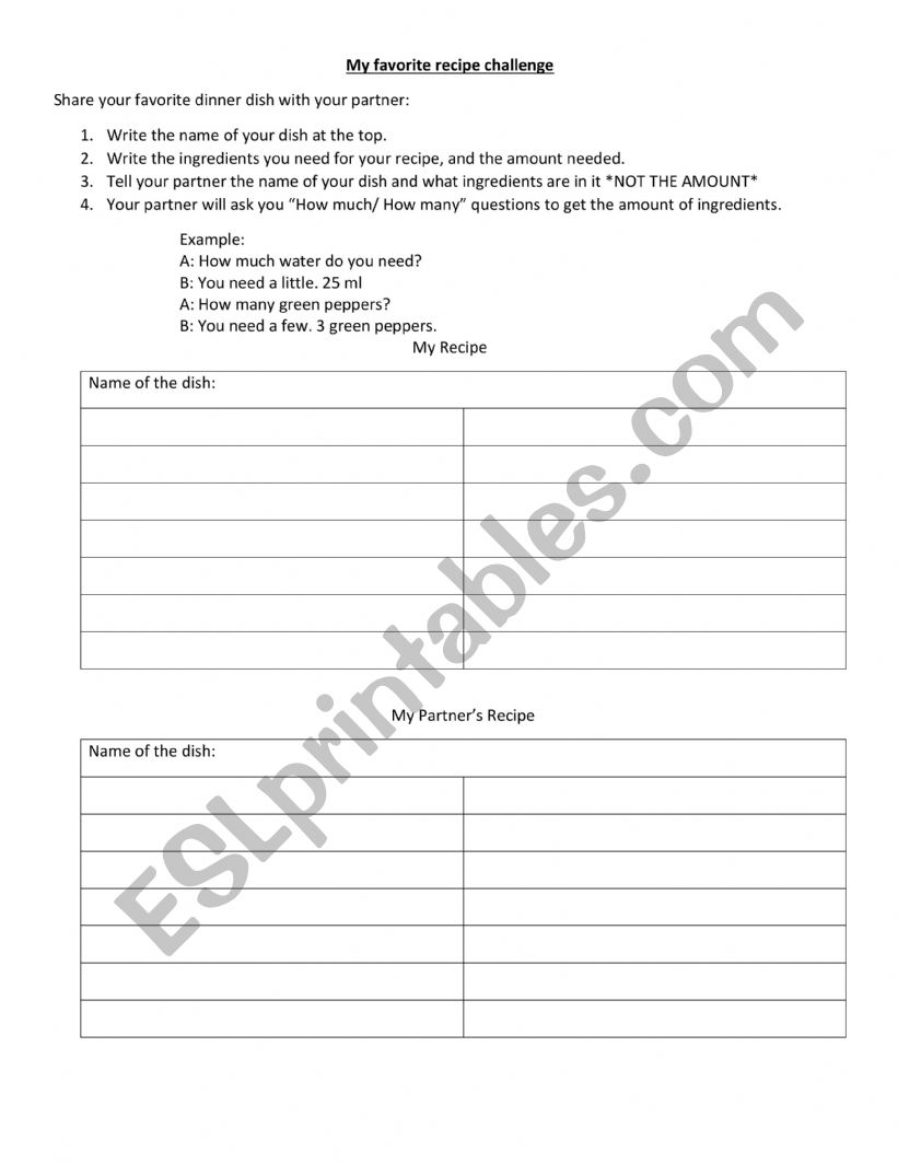 My favorite recipe worksheet