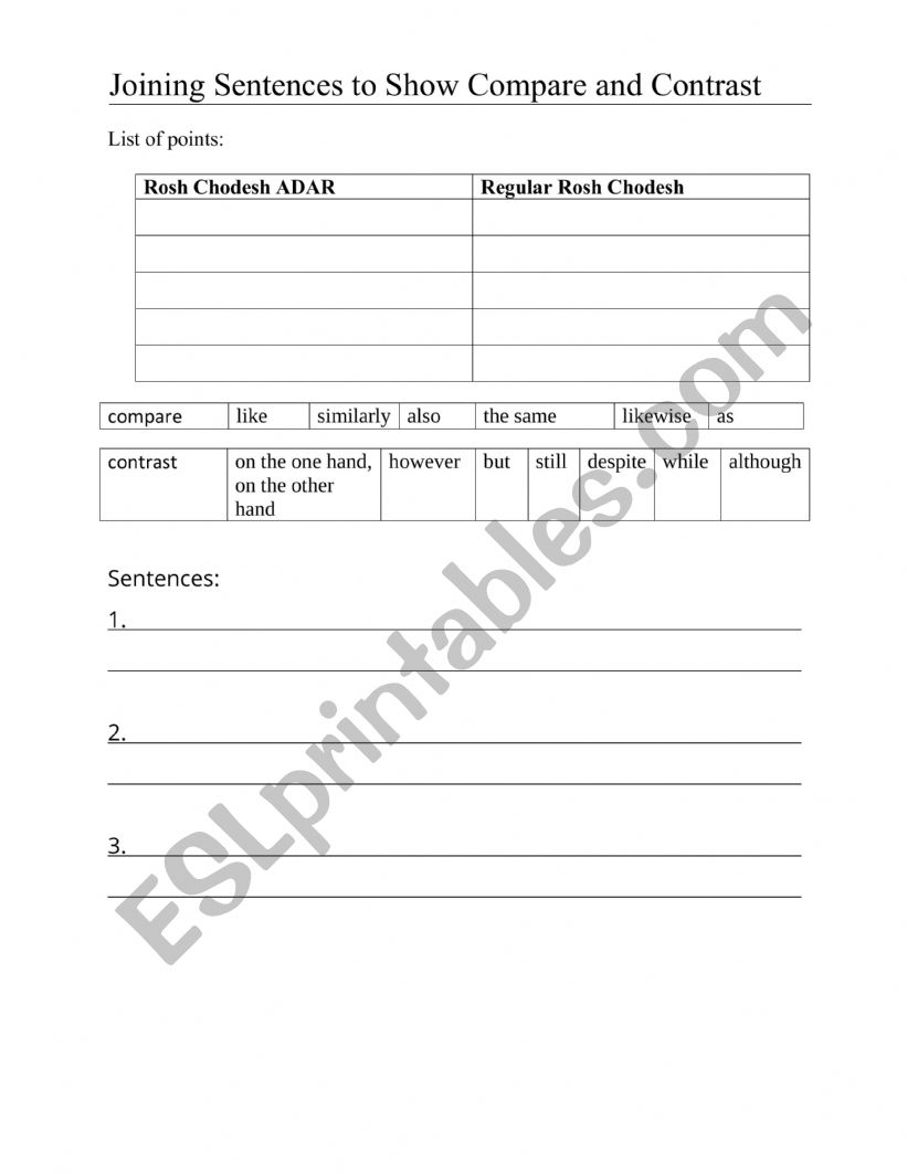 Adar compare and contrast worksheet