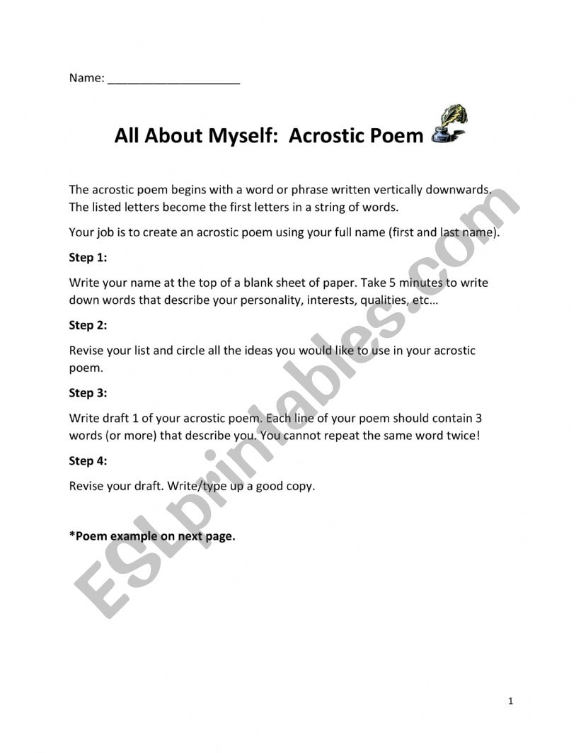 Acrostic Poem worksheet