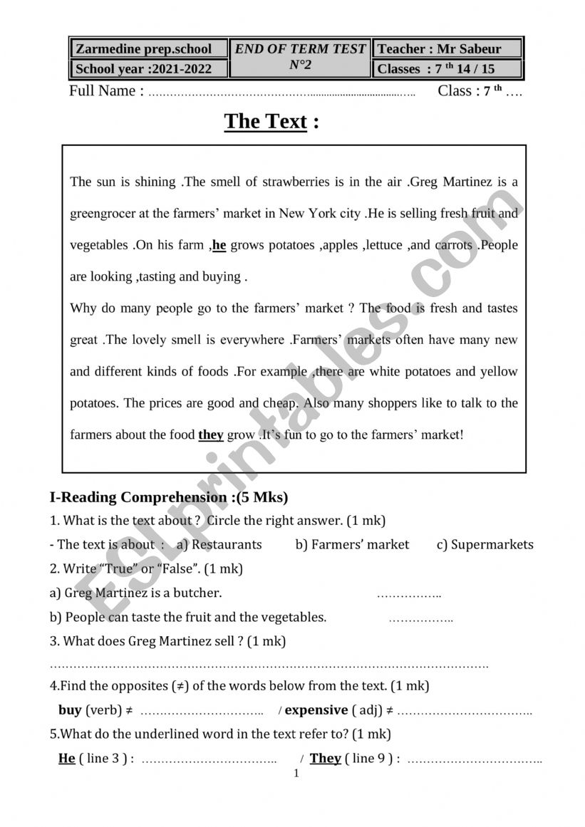 ent term test worksheet