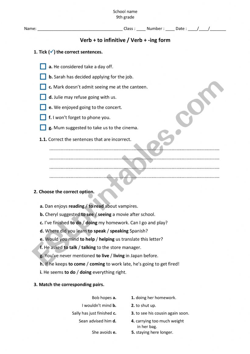 Verb + to infinitive / Verb + -ing form - worksheet