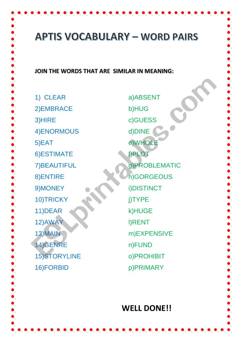 APTIS VOCABULARY WORD PAIRS worksheet