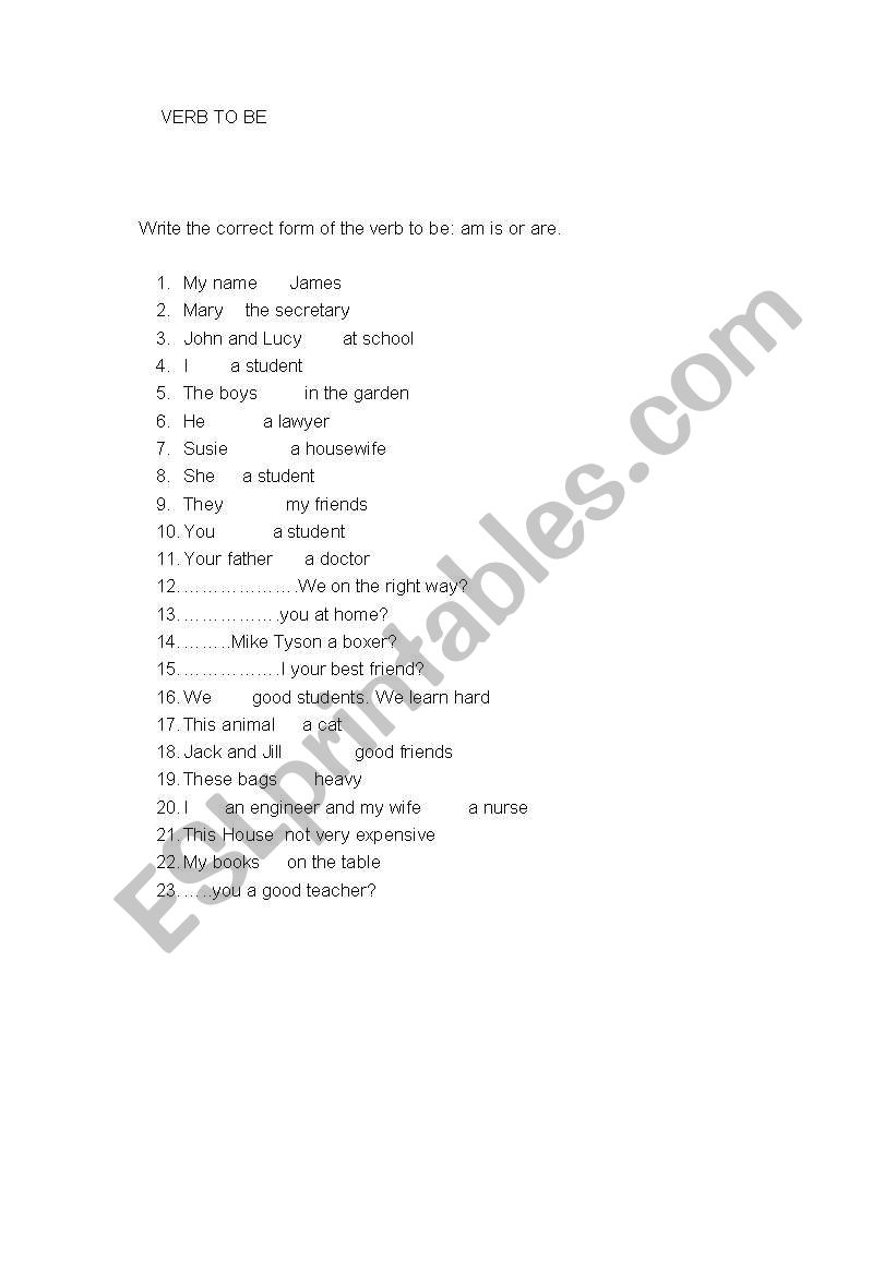 verb to be worksheet worksheet