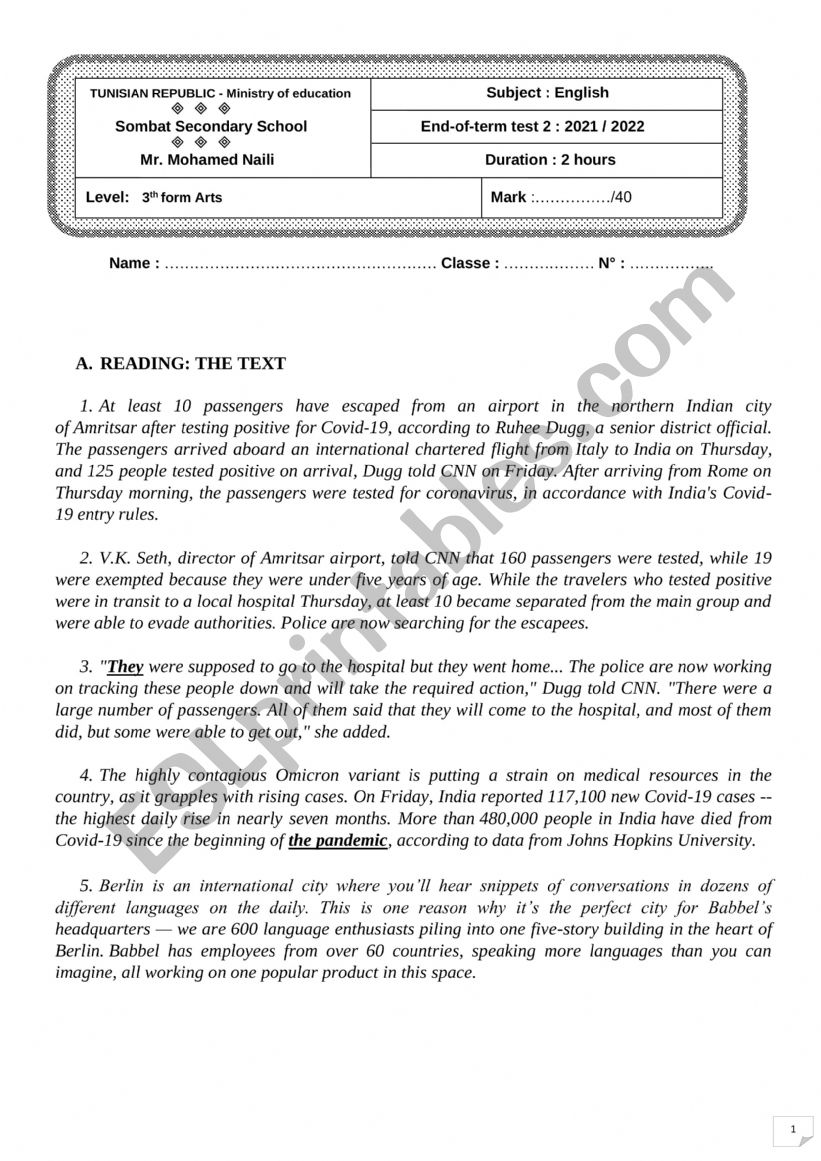 End of term test 2 March 2022 worksheet