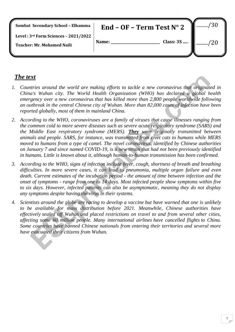 End of term 2 exam third year sciences
