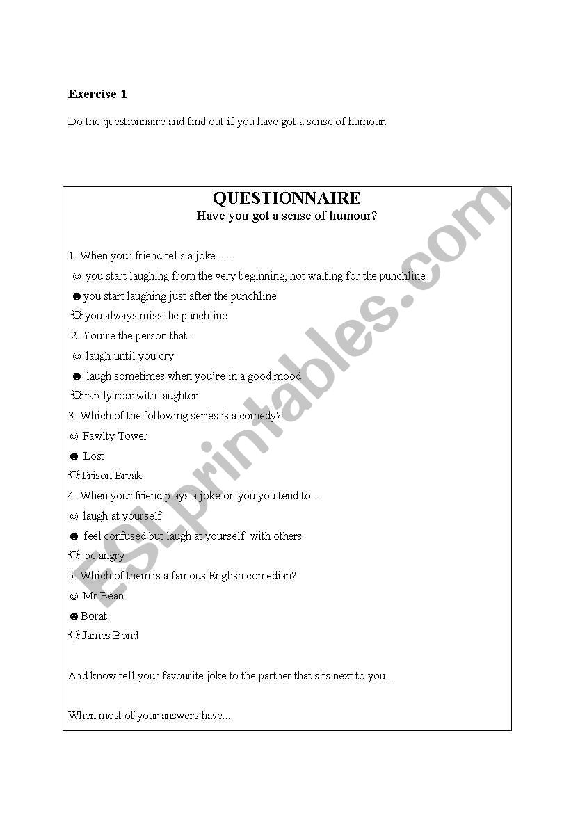 questionnaire-sense of humour worksheet