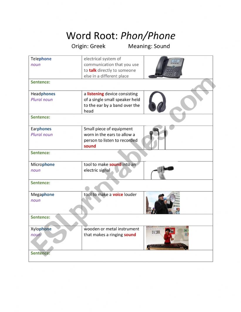 Word Root Activity: Phon worksheet