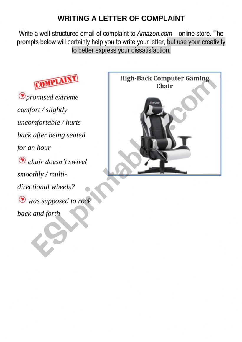 Writing - Letter of complaint  - Gaming chair