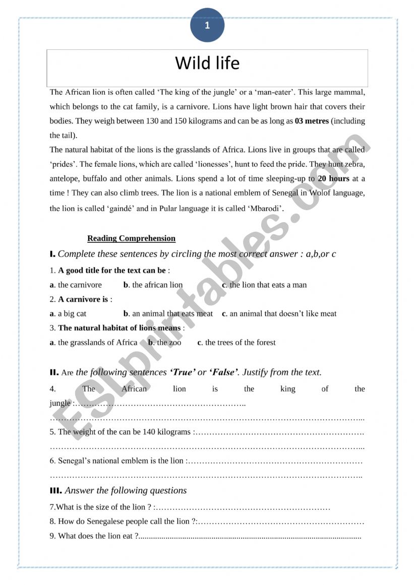 Wild life worksheet