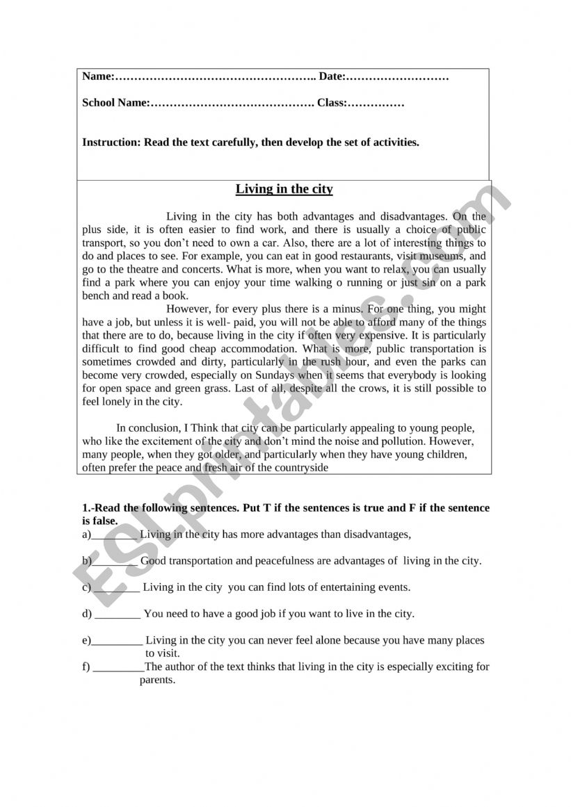 Living in the city worksheet