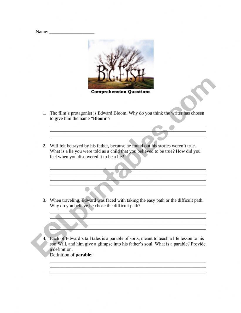 Big Fish Questions (Movie) worksheet