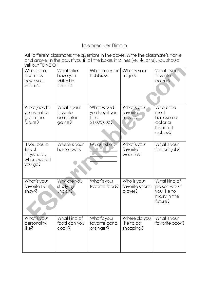 Icebreaker Bingo for Older Kids and Adults