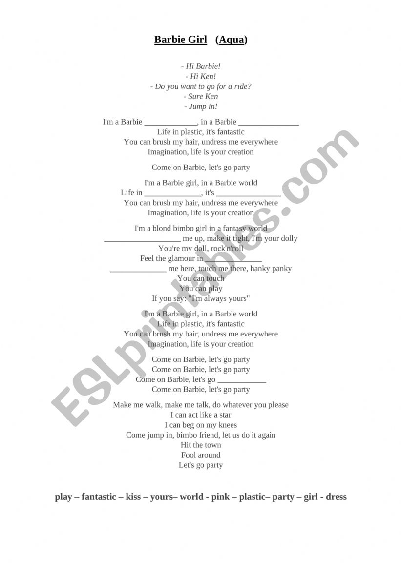 Listening Aqua song worksheet