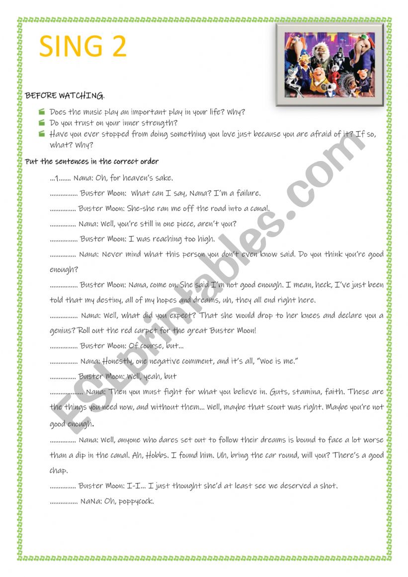 SING 2 COME AND SING worksheet