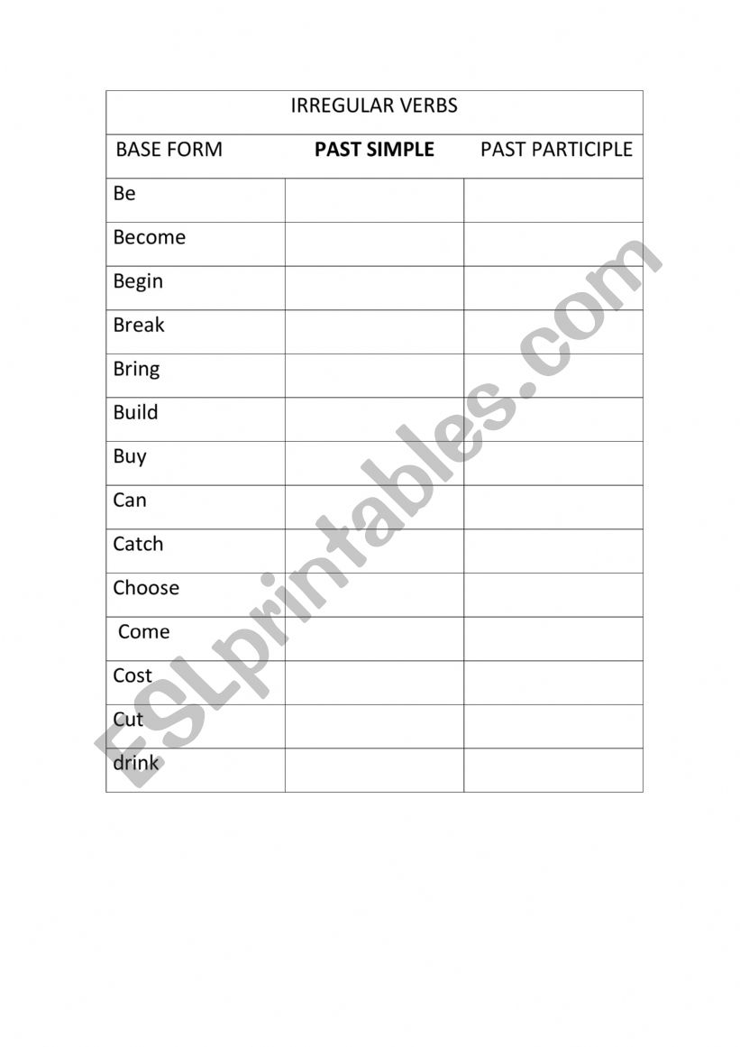 Irregular verb table practice worksheet
