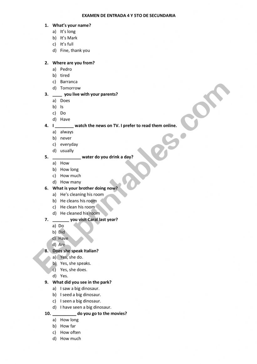 placement test worksheet