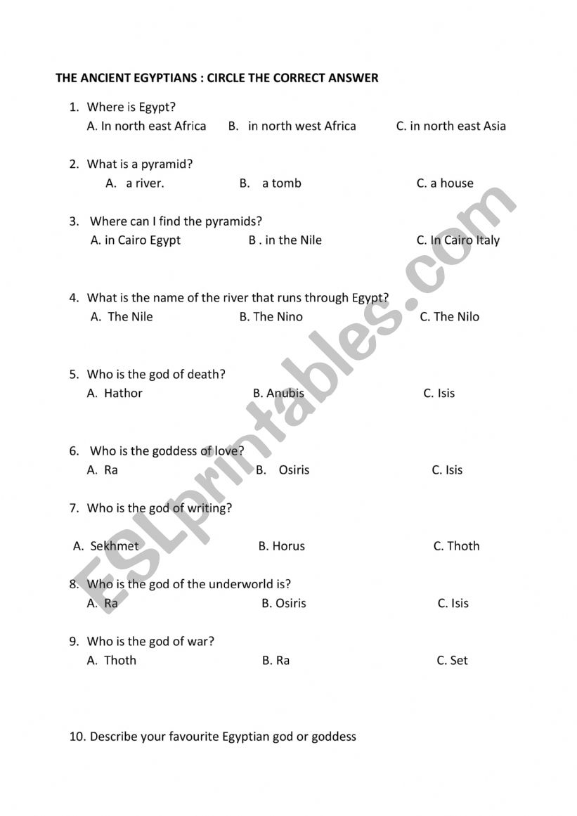 Egyptian gods and more worksheet