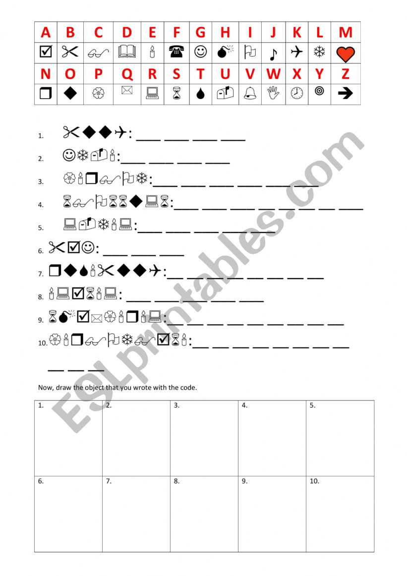 School objects code worksheet